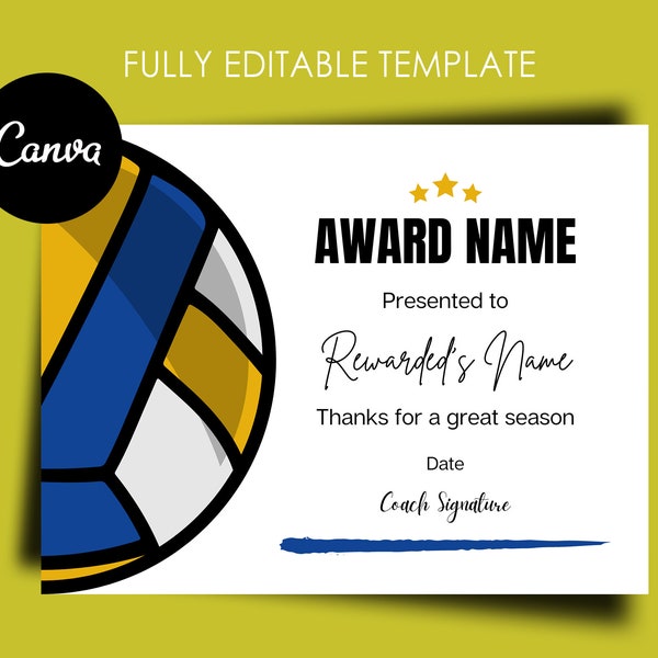 Volleyball Award Certificate Editable Canva Template, Printable Award End of Season Ceremony Volleyball Awards, Volleyball Participation