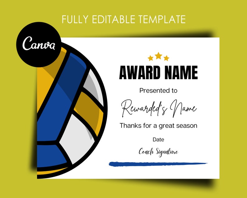 Volleyball Award Certificate Editable Canva Template Etsy