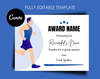 Running Award Certificate Editable Canva Template, Printable End of Season Ceremony Running Awards, Running Participation Award