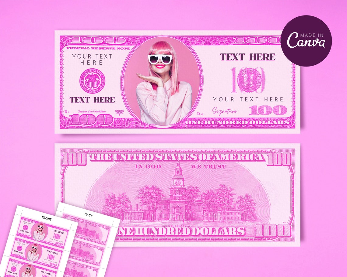 Pink 100 Dollar Bill Template, Custom Game Party Play Money, Add Your Pink 100 Dollar Bill Template, Custom Game Party Play Money, Add Your