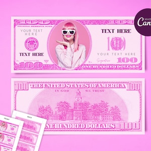 Pink 100 Dollar Bill Template, Custom Game Party Play Money, Add Your Text & Face on Money, Editable Printable Pink Hundred Dollar Bucks