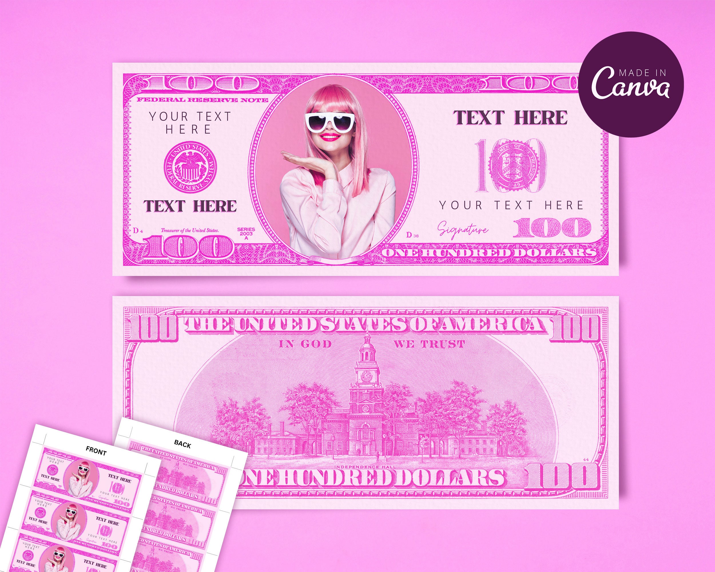 Pink 100 Dollar Bill Template Custom Game Party Play Money Etsy Pink 100 Dollar Bill Template Custom Game Party Play Money Etsy