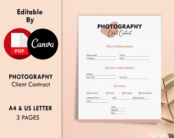 写真撮影クライアント契約、編集可能なCanvaテンプレート+印刷可能なPDFクライアント契約、写真家マーケティングビジネスフォーム、A4 USレター