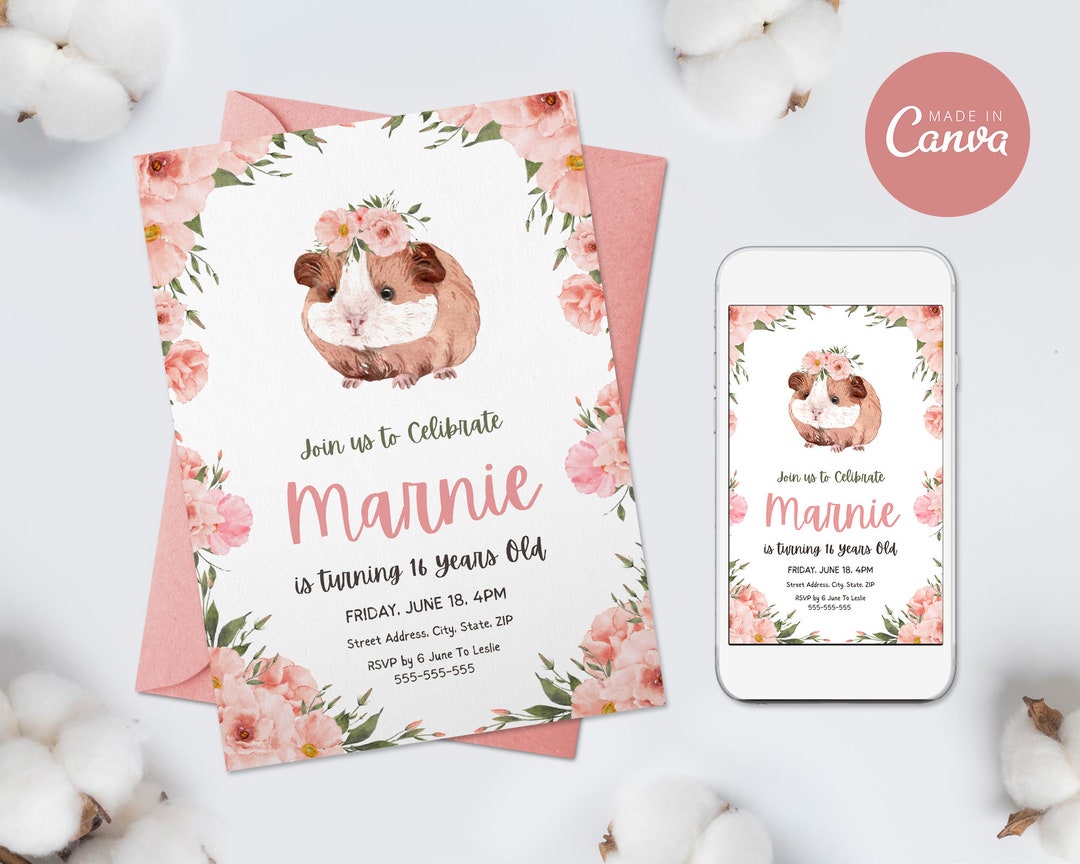 Guinea Pig Birthday Invitation Template, Floral Birthday Invite ...