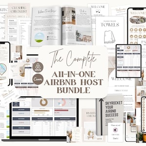以下が含まれることがあります： Airbnbホスト向けのデジタルドキュメントとモックアップのコレクション。ウェルカムサイン、チェックリスト、財務スプレッドシート、携帯電話とタブレットのモックアップが含まれています。「The Complete All-In-One Airbnb Host Bundle」というテキストが目立って表示されています。
