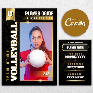 volleyball Kartenvorlage, DIY Goldene Sportkarten druckbare, anpassbare Schulteam Geschenke Sammelkarten, bearbeitbare Canva Vorlage