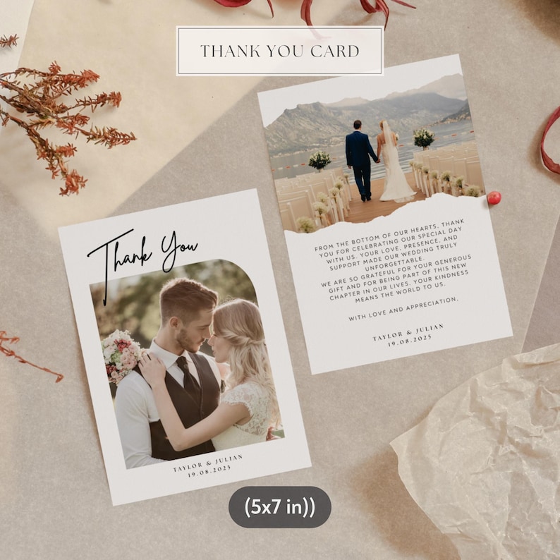 May include: Two wedding thank you cards. One card features a photo of a couple embracing, with the words "Thank You" in elegant script. The second card has a photo of a couple walking away, with a message of gratitude. The cards are 5x7 inches.