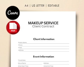 Contractsjabloon voor bruidsmake-up, bewerkbare Canva-sjabloon en afdrukbare PDF, contract voor freelance make-upartiest, klantovereenkomst voor make-upartiesten