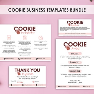 Pacote de modelos de negócios de biscoitos, instruções de cuidados, cartão de agradecimento, lista de preços, ingredientes, etiqueta, Canva editável, personalizado para impressão