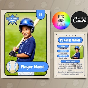Honkbal kinderen ruilkaartensjabloon, aanpasbare spelerskaartcanvasjabloon, gepersonaliseerde DIY-sportkaart, afdrukbare schoolteamcadeaus