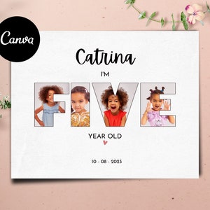 Poster collage photo personnalisé pour 5e anniversaire, cadeau d'anniversaire de 5 ans, carte-cadeau imprimable pour fille ou fils, modèle Canva