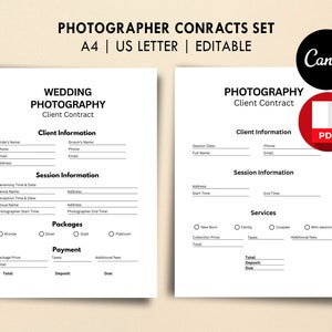 Editable Photography & Wedding Photography Contract, Canva Template + PDF Printables, Forms For Photographers, Photography Client Contract