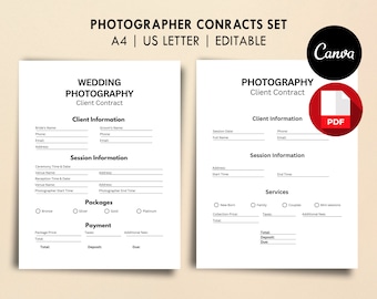 編集可能な写真撮影および結婚式写真撮影契約、Canva テンプレート + PDF 印刷可能、写真家向けフォーム、写真撮影クライアント契約
