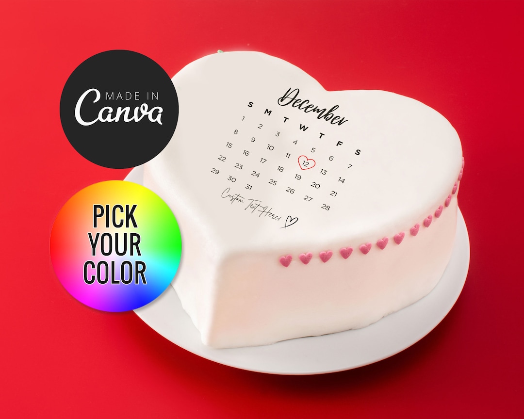 2025 Heart Shaped Calendar Month Cake Topper Template, Custom Burnable