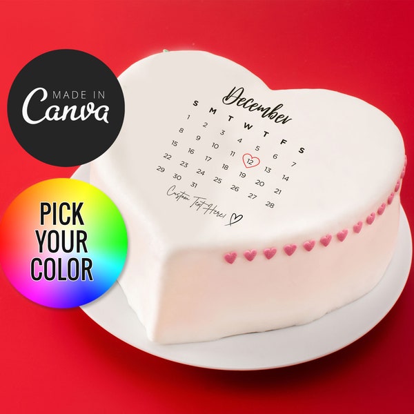 2024 Heart Shaped Calendar Month Cake Topper Template, Custom Burnable Calendar Cake for Birthdays, Anniversary Weddings..