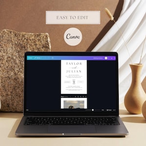 May include: A laptop displaying a wedding invitation template with the names "Taylor and Julian." The text "Easy to Edit" and the Canva logo are visible. The invitation design is minimalist with black text on a white background.