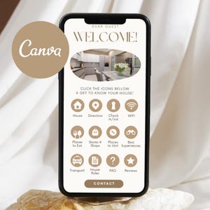 Puede incluir: La pantalla de un teléfono inteligente que muestra un mensaje de bienvenida para los huéspedes con iconos para información de la casa, direcciones, registro de entrada/salida, WiFi, lugares para comer, tiendas, lugares para visitar, las mejores experiencias, transporte, normas de la casa, preguntas frecuentes y reseñas. El texto en la pantalla dice "Estimado huésped, ¡Bienvenido! Haga clic en los iconos a continuación y conozca su casa!"