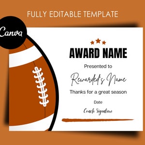 Football Award Certificate Editable Canva Template, Printable Award End of Season Ceremony Football Awards, Football Participation Award