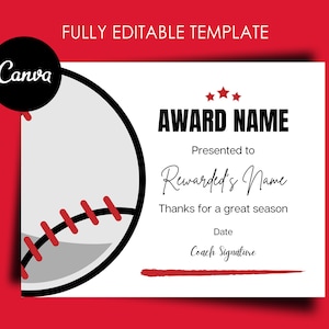 Baseball Award Certificate Editable Canva Template, Printable Award End of Season Ceremony Baseball Awards, Baseball Participation Award