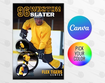 May include: A hockey player wearing a yellow jersey with the number 96 and the name "Weston Slater" on the back. The player is holding a hockey stick and is skating on the ice. The player is part of the "Flex Tigers" team. The image is a collage with three smaller images of the player in different poses.