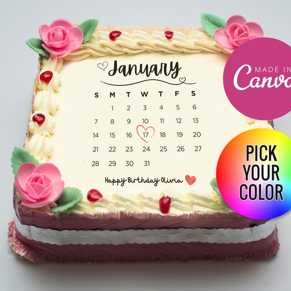 2024 Kalender Monat Cake Topper, Quadratische Kuchenvorlage, Personalisierter Kalender für Geburtstage, Jubiläum, Hochzeiten...