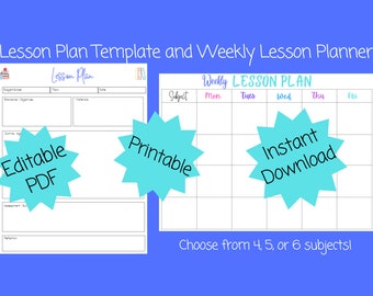 May include: A printable lesson plan template with a blue background. The template is divided into sections for subject, grade, standards, objectives, materials, procedures, assessment, and reflection. The template also includes a weekly lesson planner with a grid for each day of the week. The text "Editable PDF" and "Printable" are in blue stars. The text "Instant Download" is in a blue star. The text "Choose from 4, 5, or 6 subjects!" is at the bottom of the image.