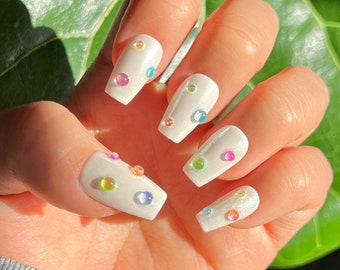 Colorful Drop on Pearl Base Press On Nails | Pearl Press On Nails | Press On Nails l High Quality Nails | Simple Fake Nails