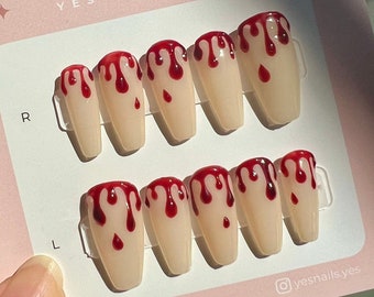 Halloween Blood Press on Nails | 3D Press On Nails | Red Blood Drip Splatter Press On Nails | Hand-painted Nails | Glue On Nails