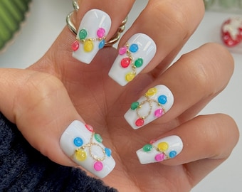 Christmas Light Lamp Press on Nails | 3D White Light False Nails | Hand-painted Nails | High Quality Salon Nails