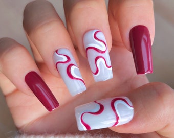 Burgundy Line Press on Nails | Mix and Match Press On Nails | Simple Press On Nails | Hand-painted Nails | Quality Nails
