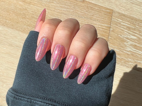Light Pink Chrome Press On Nails Short Mirror Silver metallic GLUE ON | eBay
