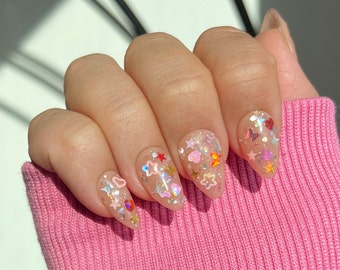Butterfly Heart Star Glitter Press On Nails | Handpainted Press On Nails l High Quality Fake Nails I Glitter False Nails