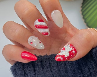 Unhas 3D de Rena Holiday Press on | Unhas Postiças Vermelhas e Brancas | Unhas de Salão de Alta Qualidade com Glitter