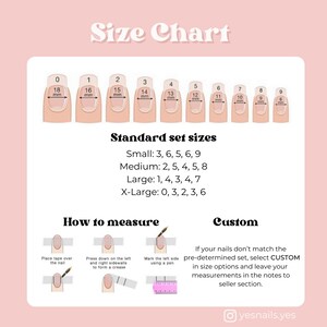 K&ouml;nnte beinhalten: Eine Gr&ouml;&szlig;entabelle f&uuml;r k&uuml;nstliche N&auml;gel mit rosa Hintergrund. Die Tabelle zeigt 10 verschiedene Nagelgr&ouml;&szlig;en mit Ma&szlig;en in Millimetern. Die Tabelle enth&auml;lt auch Anweisungen zum Messen Ihrer N&auml;gel und Informationen zu benutzerdefinierten Gr&ouml;&szlig;enoptionen.