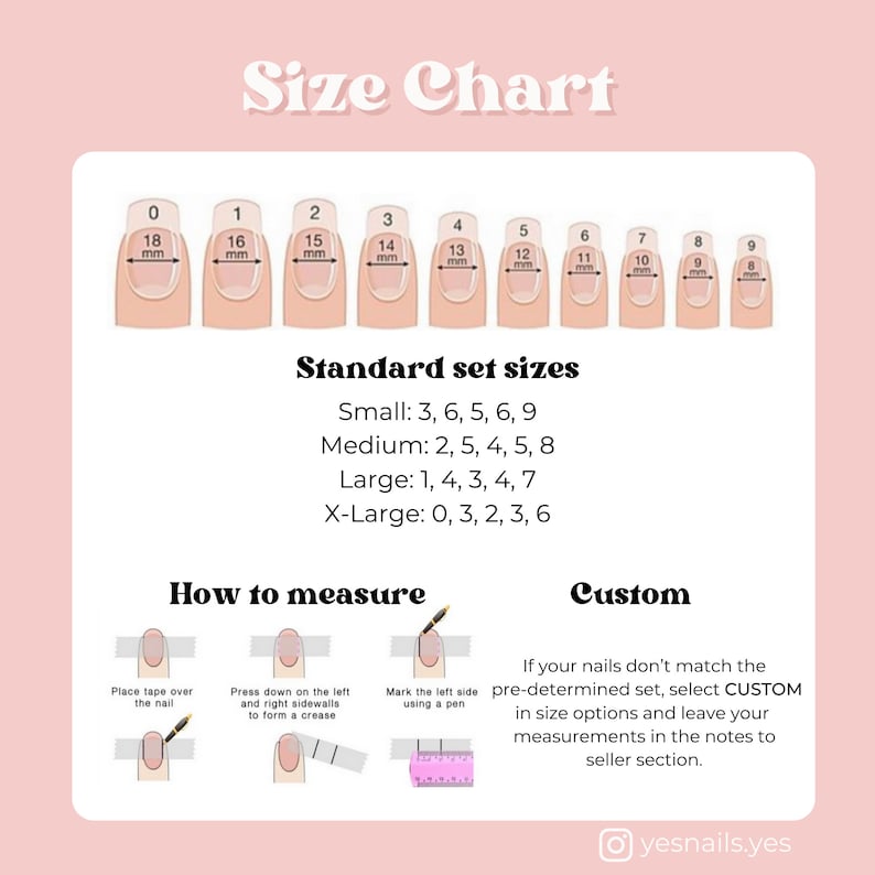 K&ouml;nnte beinhalten: Eine Gr&ouml;&szlig;entabelle f&uuml;r k&uuml;nstliche N&auml;gel mit rosa Hintergrund. Die Tabelle zeigt 10 verschiedene Nagelgr&ouml;&szlig;en mit Ma&szlig;en in Millimetern. Die Tabelle enth&auml;lt auch Anweisungen zum Messen Ihrer N&auml;gel und Informationen zu benutzerdefinierten Gr&ouml;&szlig;enoptionen.