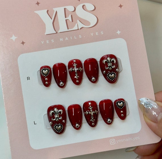 Chrome Hearts Cross Press on Nails | Deep Red Burgandy Nails | Mix