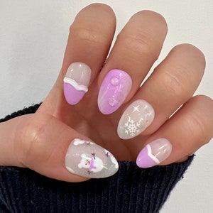 Snowman Pattern Press On Nails | Pearl Snowman Nails | Press On Nails l High Quality Nails | Christmas Nails | Winter Nails
