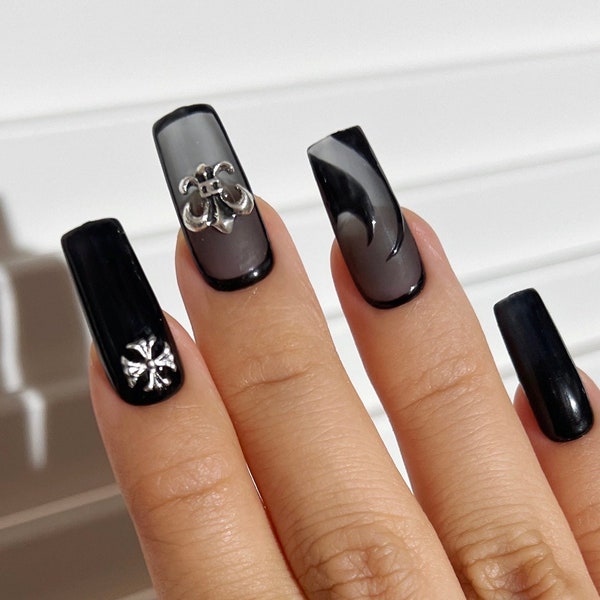 Black Chic Press on Nails | Mix and Match Press On Nails | Chrome Hearts Press On Nails | Chic Nails | Quality Nails