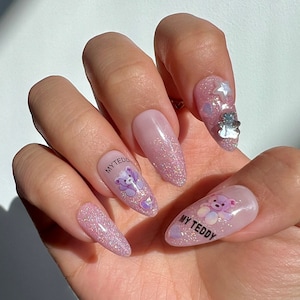 Pink Glitter Bear Press on Nails | Cat Eye Glitter Press On Nails | Rhinestone Press On Nails | Unique Fake Nails | Quality False Nails