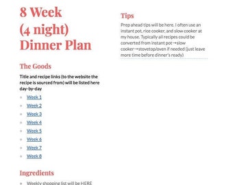 8-Week Dinner Meal Plan with Weekly Shopping Lists