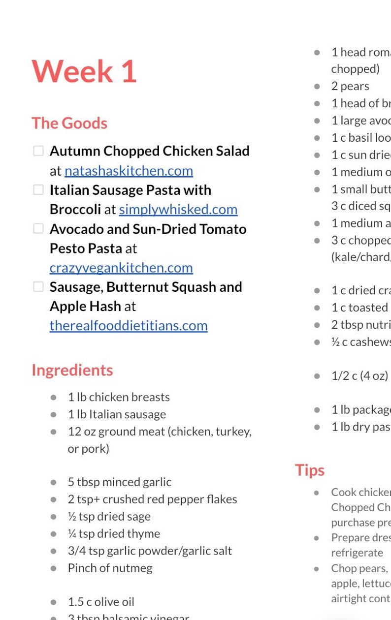 4 Week Meal Plan With Grocery List - Etsy