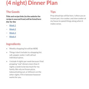 4 week meal plan with grocery list