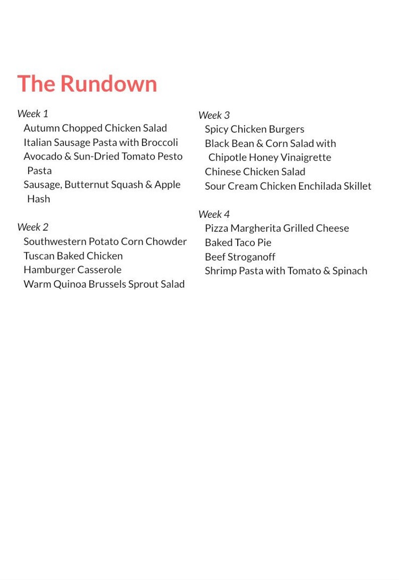 4 Week Meal Plan With Grocery List - Etsy