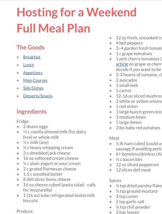 Weekend at Your House: Meal Plan With Complete Grocery Guide - Etsy