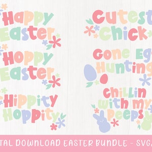 デジタルダウンロード イースター SVG バンドル、ハッピーイースター PNG、エッグハント クリカット、ピープス シルエット バンドル
