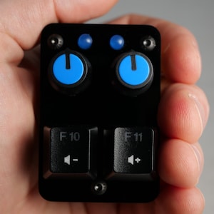 Puede incluir: Un panel de control negro con dos perillas azules, dos luces indicadoras azules y dos teclas de teclado marcadas "F 10" y "F 11". Las teclas tienen símbolos de control de volumen. El panel se sostiene en una mano.
