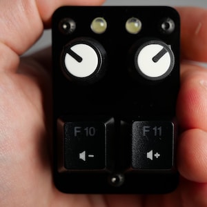 Puede incluir: Un dispositivo electrónico negro con dos diales con perillas blancas, dos teclas de función etiquetadas F10 y F11 y dos pequeñas luces indicadoras. El dispositivo se sostiene en la mano de una persona.