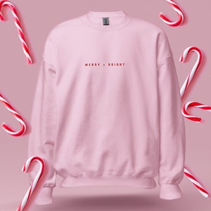 Merry + Bright | Crewneck | Sweatshirt | Christmas Sweater | Embroidered | Pink and Red