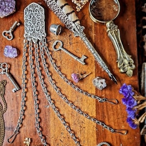 Silver Pewter Chatelaine with Waist Clip - Five Chains and Hooks - Original Drawn Design for Cosplay & Fiber Arts Sewing Tools
