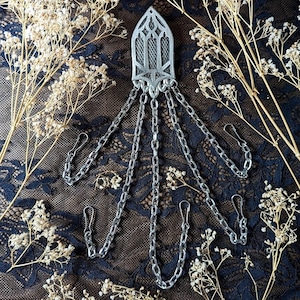 Gothic Window Pewter Chatelaine with Waist Clip - Five Chains and Hooks - Original Design for Cosplay & Fiber Arts Sewing Tools